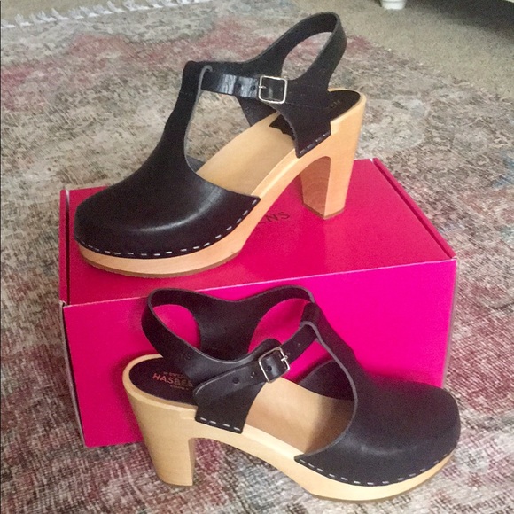 Swedish Hasbeens Shoes - Swedish Hasbeens Black T-Strap Sky High Heel Clog